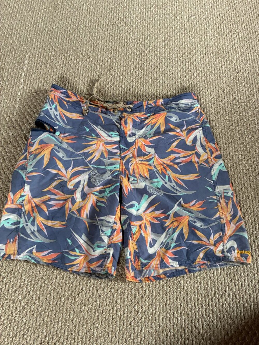 PATAGONIA Board Shorts Mens 33 Blue Floral Bird of Paradise Swim Trunks Surf